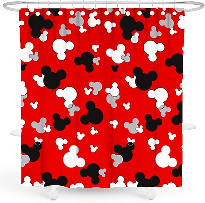 Cartoon Mouse Head Shower Curtain - Kids Bath Curtain Sets - Red Waterproof Polyester Home Bathtub Decor with 12 Hooks ，72x72 Inch