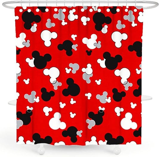 Cartoon Mouse Head Shower Curtain - Kids Bath Curtain Sets - Red Waterproof Polyester Home Bathtub Decor with 12 Hooks ，72x72 Inch