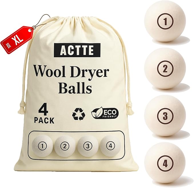 Wool Dryer Balls Laundry, XL(2.7") 4 Pack, Premium Fabric Softener Ball, Reusable, Anti Static, Chemical Free Natural Wool Balls for Dryer, Laundry Dryer Balls – 100% New Zealand Wool