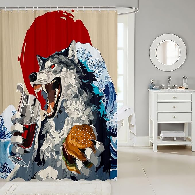 Funny Wolf Shower Curtain Set,Hamburgers and Drinks Food Bathroom Curtain with 12 Hooks,Kids Boys Teens Japanese Sunset Wave Waterproof Fabrics Anime Theme Animals Bathtub Decor,72"W x 78"L