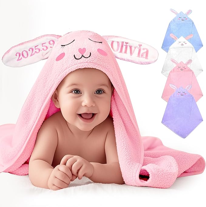 Baosity Custom Hooded Baby Towel with Name, Soft Absorbent Bunny Toddler Towel, Baby Bath Towels for Girls Boys, Personalized Easter Brithday for Baby, Toddler, Newborn Essential