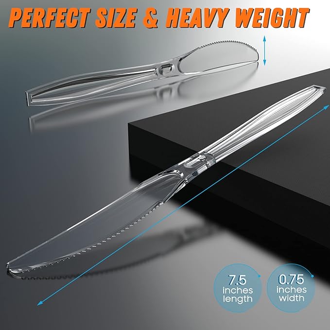 Dipoo 7.5" Clear Plastic Knives Heavy Duty Upgraded Heat Resistant & BPA Free, Solid and Durable Plastic Cutlery, Premium Disposable Knives, for Party Supply(84 Count)