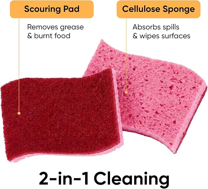 Non-Scratch Cellulose Sponge Kitchen Scrub Sponge with Scouring Pad Set, Good for Non-Stick Cookware Frying Pan, Pot, Counter Top, Sink Scrubbing, Kitchen Scrubbers, Pack of 1, Red/Pink