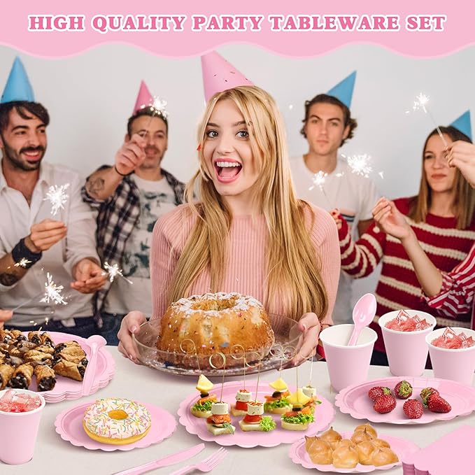 Vyntra 350 Pcs Pink Paper Plates and Napkins Set for 50, 9" Dinner Plates & 7" Dessert Plates, Tableware for Birthday Party, Mother's Day