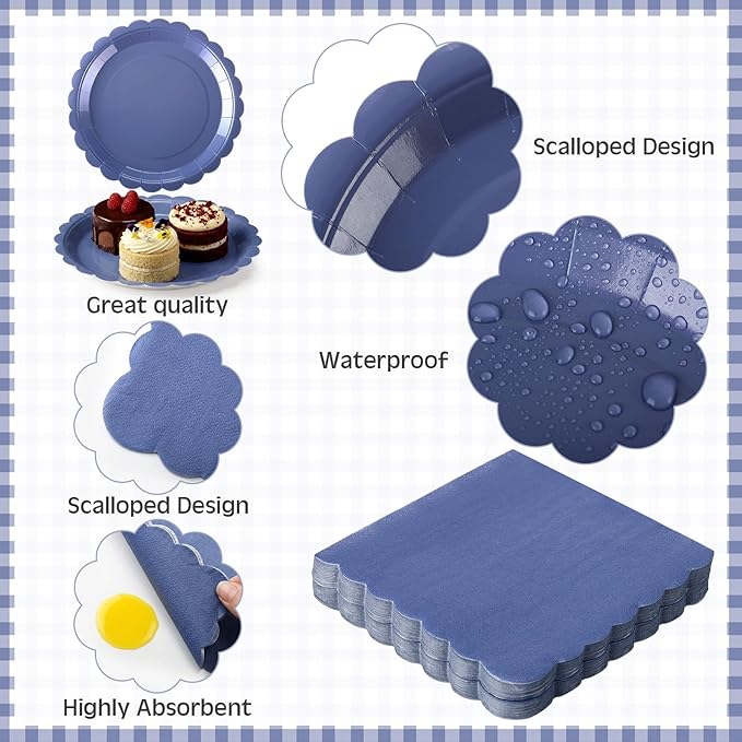 Ziliny 350 Pcs Navy Blue Plates and Napkins, 50 Guest Graduation Party Supplies Include Scalloped Paper Plates Napkins Cups Plastic Spoons Forks Knives Disposable Tableware Set for School Graduate