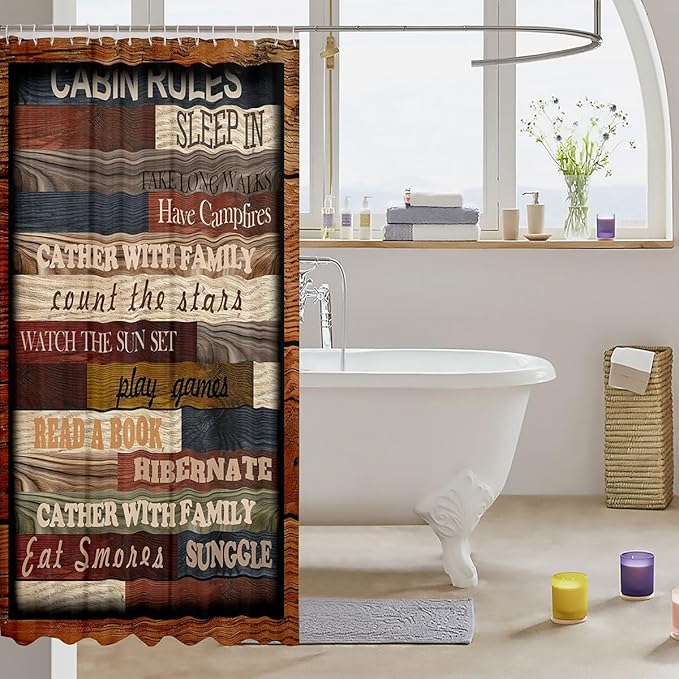 Feelyou Vintage Family Cabin Rules Bath Curtain Lettering Linen Shower Curtain for Kids Boys Colorful Wood Background Brown Red Bathroom Shower Curtain Set Colorful Kids Bathroom Accessories 72"x72"