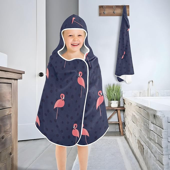 susiyo Kids Hooded Bath Towel Pink Flamingo Black Dots Beach Towel for Kids 23.5 x 50 Inch Microfiber Soft Absorbent Quick Dry Bath Swim Pool Towel Wrap Poncho Bathrobe with Hood for Kids Toddler