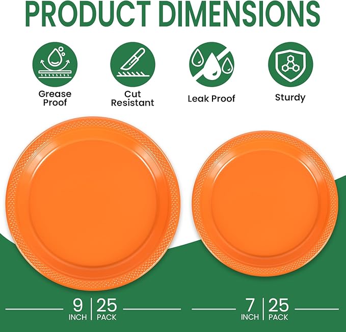 LANLISA 50 Pcs Orange Plastic Plates For Party, 25-9" & 25-7" Disposable Cake Dessert Plates For Birthday, Halloween, Thanksgiving Decorations, Harvest, Fall Dinner