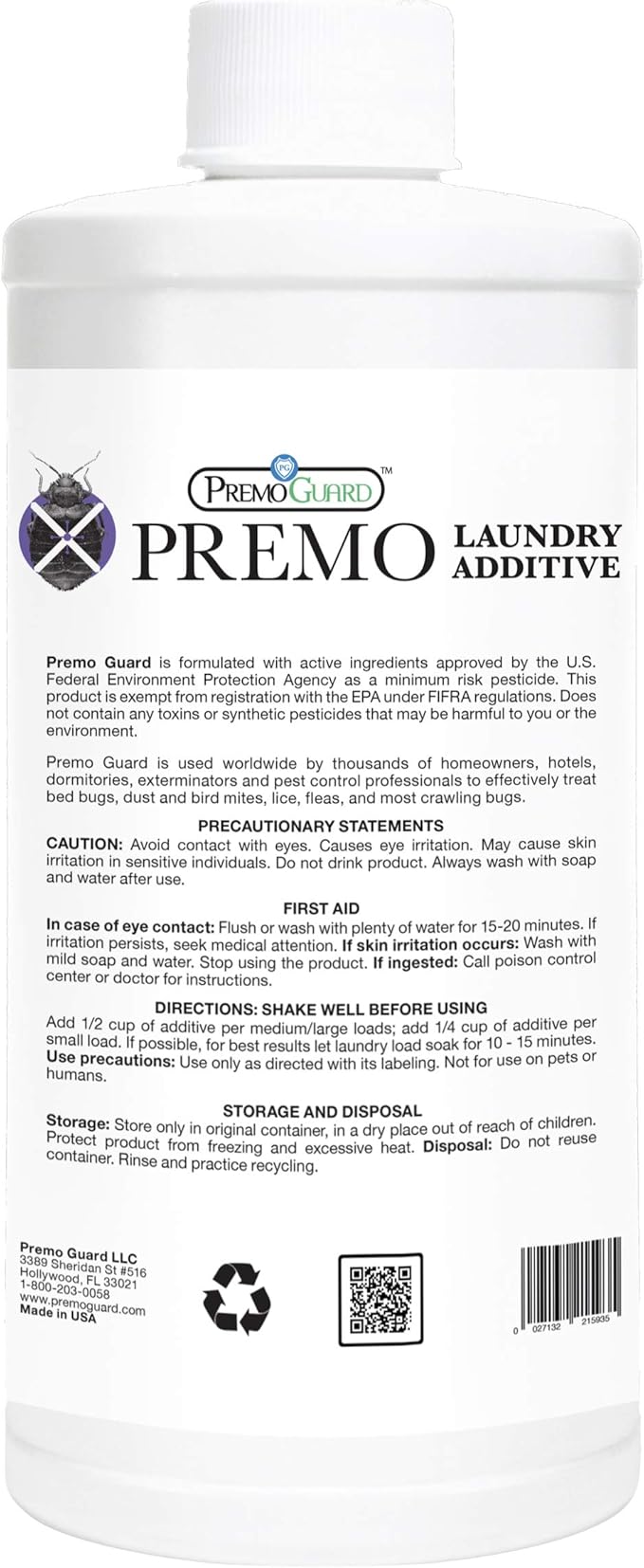 Bed Bug & Mite Laundry Detergent Additive By Premo Guard – 32 oz – Child & Pet Friendly – Stain & Odor Free – Best Natural Non-Toxin Treatment