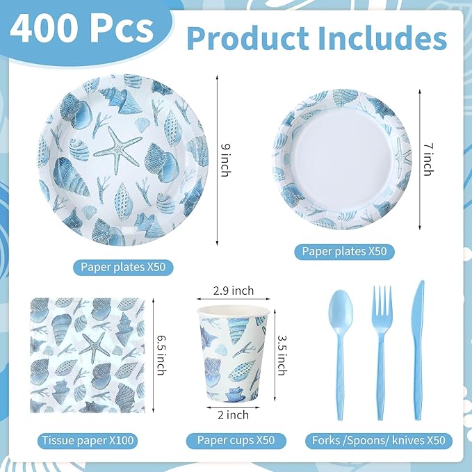 Pickmesh 400 Pcs Under The Sea Party Decoration Set, Ocean Seashell Paper Plates and Napkins, Shell Cups and Cutlery Supplies Ocean Themed Birthday Party Tableware, Serve for 50 Guests
