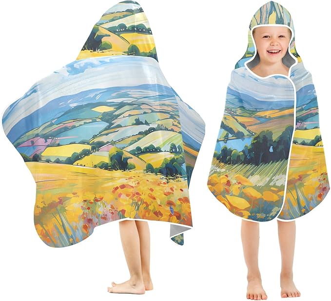 Hooded Towel for Kids Bright Colors Countryside View Beach Wrap Bath Towels 50x23.5in