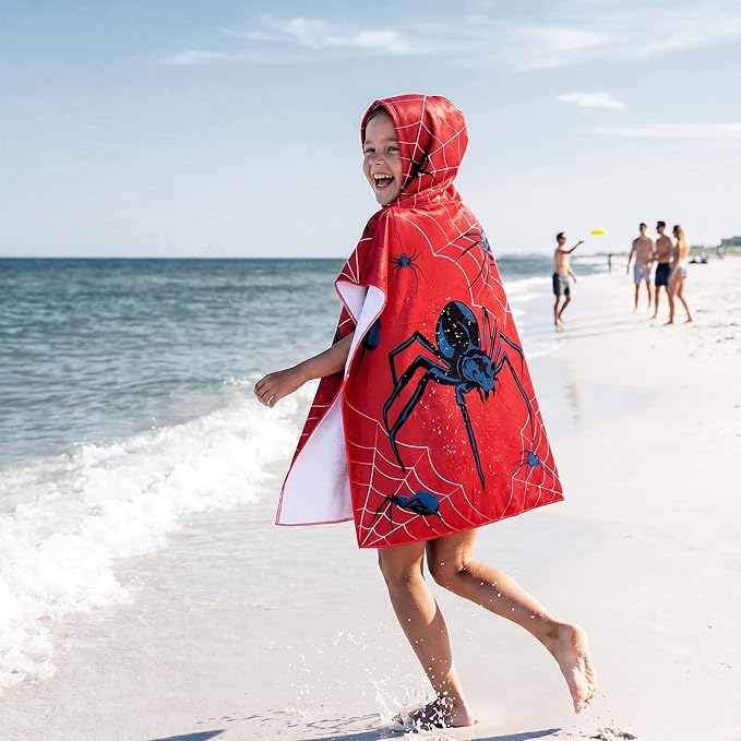 Fanfanwin Cotton Spider Web Bath Towel Beach Hooded Bath Towel 37.8x23.62 Inches Spider Theme Poncho with Snap Buttons Hood Soft Rapid Dry for Beach, Pool, Swim, Travel, Home Use