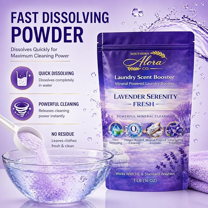 Oxygen Boosted Laundry Scent Booster Powder – Laundry Booster & Odor Eliminator, Laundry Freshener, Deep Clean Detergent Booster, Long Lasting Laundry Scent, HE Safe (1lb) (Lavender Serenty Fresh)