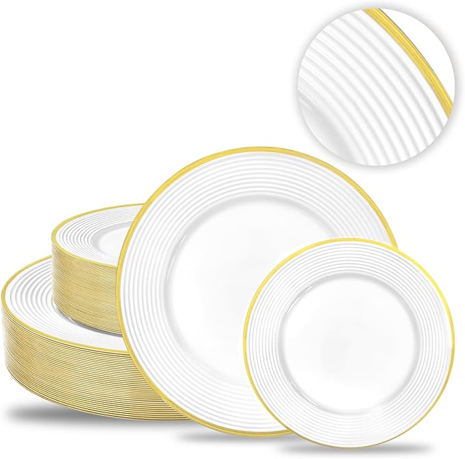 Liacere 100PCS Gold Plastic Plates - Heavy Duty Disposable Plates - White and Gold Plate 100PCS Dinner/Dessert Plate for Party & Wedding & Birthday