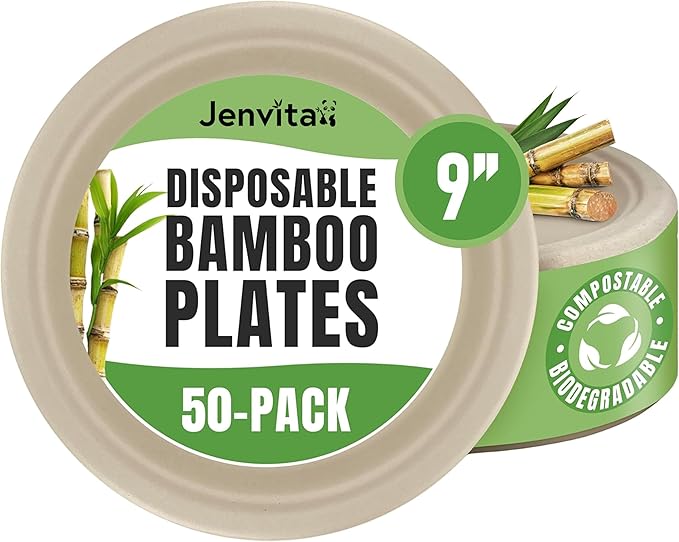 Jenvita Paper Bamboo Plates Disposable (50-Pack, 9-inch) | Sturdy & Microwave Safe | Compostable Paper Plates Disposable Heavy Duty | PFAS Free, Biodegradable | FSC Certified Alternative to Plastic