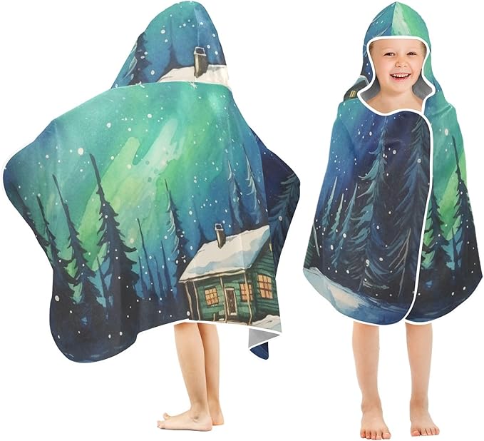 Hooded Towel for Kids Forest Winter House and Aurora Beach Wrap Bath Towels 50x23.5in