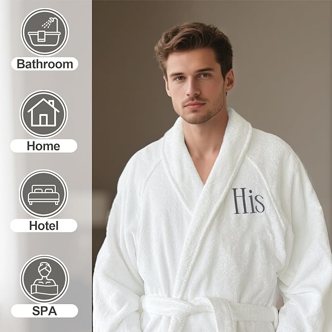 VOOVA & MOVAS Towel Robe for Men,Premium 100% Cotton Terry Shawl Collar Super Absorbent Bathrobe, Ideal Bathroom Robe,White with His