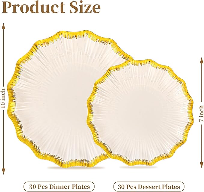 DaYammi 60Pcs Ivory Plastic Plates with Gold rim,Ivory Gold Disposable Plates - Heavy duty Plastic Plates Include 30 Dessert Plate,30 Dinner Plate,Ivory Scalloped gold plates for Party Wedding