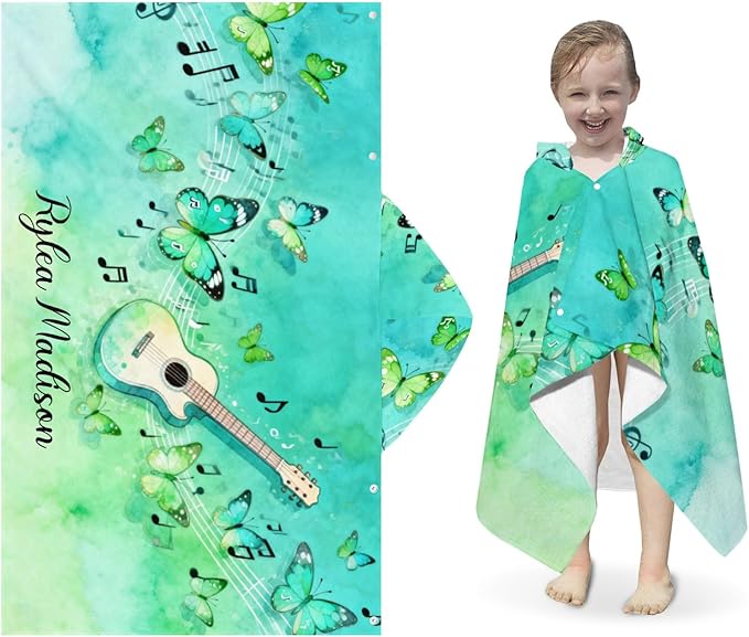 Music Guitar Butterfly Personalized Hooded Towel Absorbent Wrap Soft Pool Beach Bath Towels Hood Poncho for 5-12 Years Kids Boys Girls