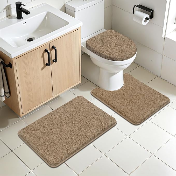 SHACOS 5 Pieces Bathroom Rugs Set with Toilet Lid Cover Ultra Soft Absorbent Microfiber Bath Mat U Shape Contour Rug for Bathroom, Non Slip Machine Washable Bath Runner Rugs for Bedroom, Beige Brown