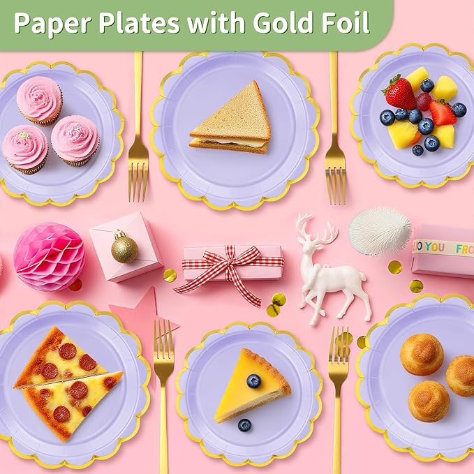 50 Pcs Light Purple Paper Plates, 25 Pcs 9" and 25 Pcs 7" Disposable Light Purple Scalloped Plates with Gold Foil for Graduation Wedding Baby Shower Birthday Party Picnic BBQ