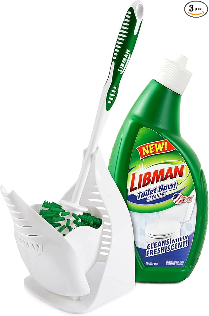 Tribello LIBMAN Toilet Brush and Holder Set with Toilet Bowl Cleaner - Bathroom Cleaner Set - Bathroom Cleaning Supplies - Includes: Bowl Brush, Fast Drying Caddy, 32 fl. oz. Stain Remover Soap
