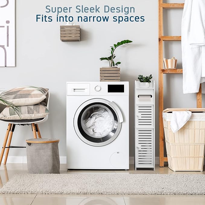 Bathroom Storage Organizer - Floor Standing with Shelves - Includes 2 Apothecary Jars - Tall Bathroom Storage Cabinet for Toilet Paper, Towel & Other Bathroom Storage Accessories - White