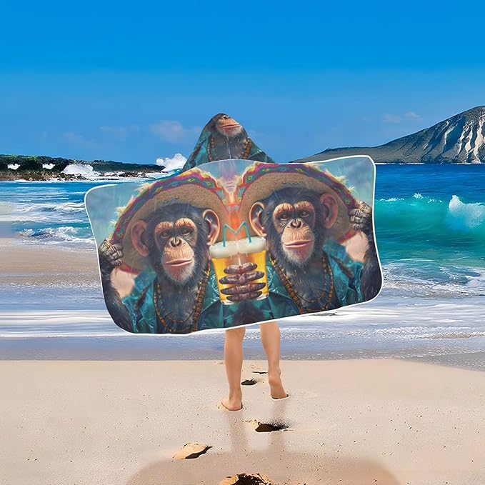 Hooded Towel for Kids Happy Monkey Drinks Beach Wrap Bath Towels 50x23.5in