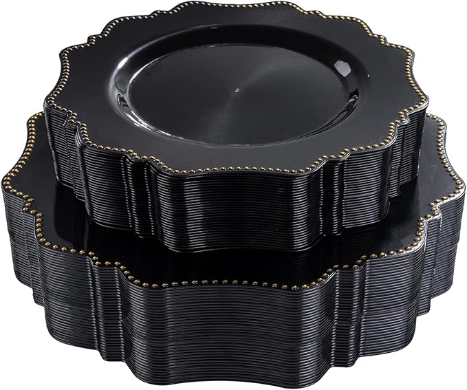 COLOSUS 60pcs Black and Gold Plastic Plates Set, Gold Black Party Plates, 30pcs Dinner Plates and 30pcs Salad/Dessert Plates for Wedding, Party, Anniversary, Daily Use