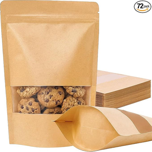 Moretoes 72pcs 7x10 Inches Resealable Bags, Kraft Paper Ziplock Bags with Window, Stand Up Pouch Bags for Coffee, Applicable to Home or Business for Packaging