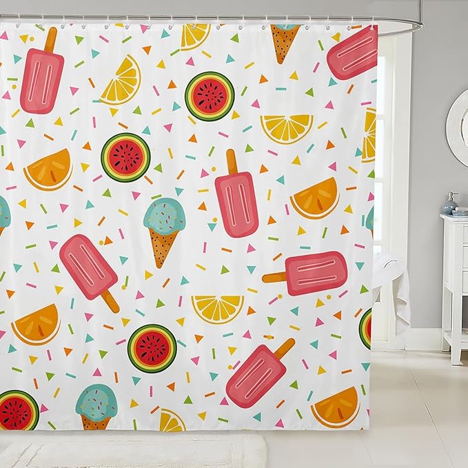 Fruits Bath Curtain Girls Cartoon Ice Cream Bathroom Shower Curtain Set Cute Watermelon Orange Shower Curtain For Kids Girly Vibrant Sweet Summer Waterproof Shower Curtain with Hooks 72x72 Inch