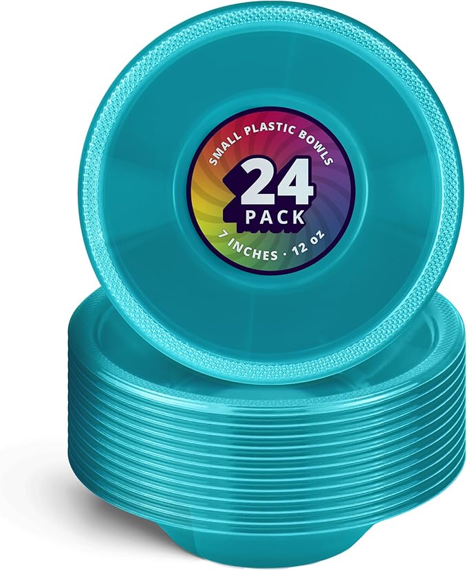 DecorRack 24 Small Plastic Bowls, 7 inch Disposable 12 oz Serving Bowl, Fruit Snack, Popcorn, Soup, and Salad, Kids Birthday and Holiday Party Supplies, Turquoise (Pack of 24)