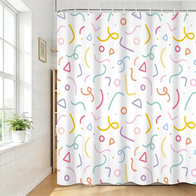 Cute Colorful Doodle Shower Curtains Playful Confetti Shower Curtain Decorative for Bathroom Pastel Waterproof Fabric Bathroom Decorations with Hooks 72x84 Inches