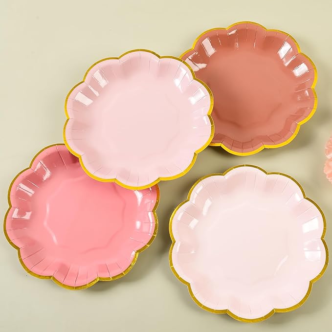 AimFun 24 Pcs Dusty Pink Party Plates Gradient Color Dessert Paper Plate 7inch Gold Foil Scalloped Edge Disposable Cake Plates for Tea Party Birthday Bridal Baby Shower Wedding Party Supplies