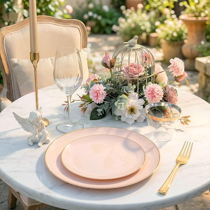 WDF 150Pcs Pink Plates Disposable - Pink and Gold Plastic Plates 25guest Disposable Dinnerware Include 25 Dinner Plate, 25 Dessert Plate, 25 Cutlery & 25 9oz Cups for Baby Shower/Wedding/Birthday