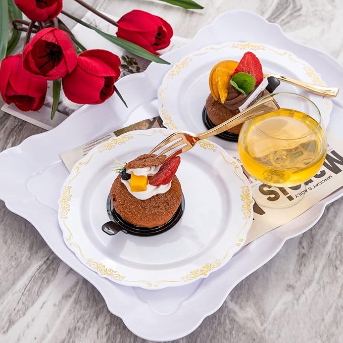 LIYH 200 Pcs Gold Dessert Plates,100 Pcs Appetizer Plates 7.5" and 100 Pcs Gold Plastic Forks 5", Cake Plates, Disposable Salad Plate Wedding Cake Plate Forks for Parties, Birthdays, Wedding