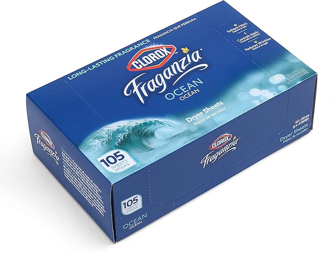 Clorox Fraganzia Fabric Softener Dryer Sheets, Wrinkle Reducing and Anti Static Laundry Dryer Sheets for Great Smelling Clothes, Softens Fabrics, Fresh Ocean Scent, 105 Count