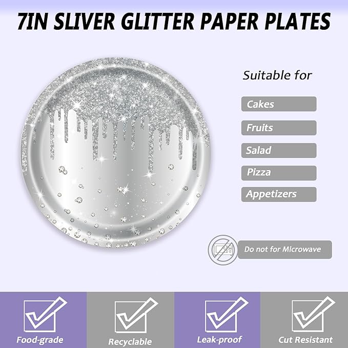 72 Pcs Silver Glitter Paper Plates 7in Disposable Paper Dessert Plates Napkins and Forks Party Tableware Set Happy Birthday Table Decorations for 24 Guests Silver Birthday Wedding Theme Party