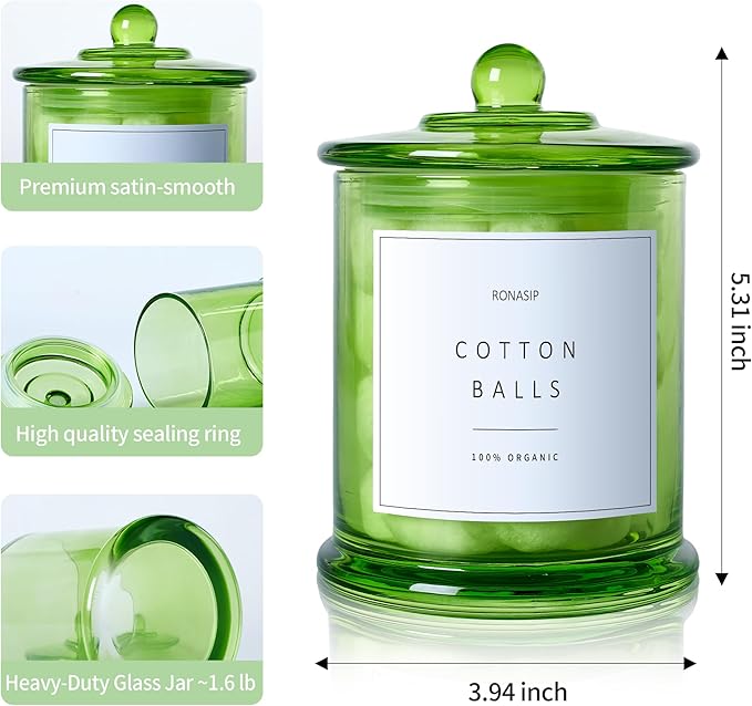 Ronasip Qtip Holder & Cotton Pad Dispenser, Bathroom Organizer and Storage Canisters, 16oz Glass Apothecary Jars for Kitchen, Restroom - Home Decor Accessories, Room Decor Aesthetic (2 Pack, Green)