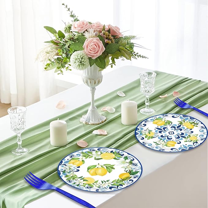 100 Pcs Lemon Tableware Party Supplies – Citrus Theme Blue Tile Disposable Plates, Napkins, and Blue Forks for Summer Parties, Picnics, BBQ, Brunch, Weddings, Birthdays, and Baby Showers – Serves 25