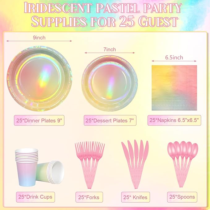Iridescent Rainbow Party Decorations - Serve 25, Holographic Pastel Paper Plates and Napkins, Disposable Iridescent Rainbow Plates, Cups, Napkins for Girls Birthday, Wedding, Baby Shower