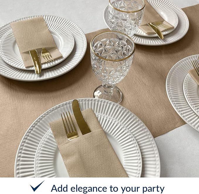 PAW - Linen Feel Napkins with Built-in Flatware Pocket, Soft and Absorbent Paper Pre-Folded Napkins, Guest Towels, Wedding Party, Dinner, Birthday, Gatherings, Monocolor Beige, 50 Count
