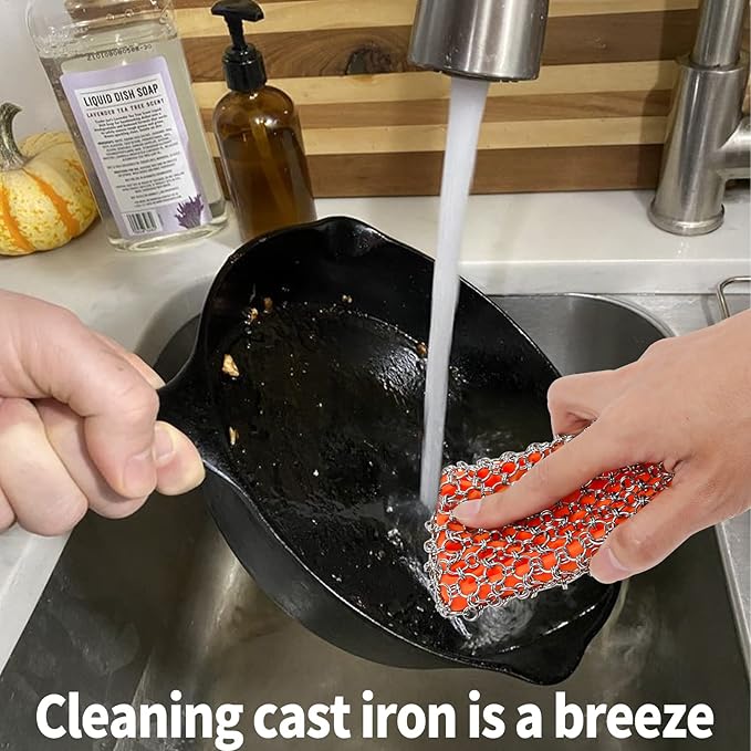 Herda 316L Cast Iron Scrubber Cleaner, Large Cast Iron Chain Mail Scrubber - Chainmail Scrubber Sponge - Metal Skillet Scrubbing, Wok, Dutch Oven Cleaning Kit-Detachable
