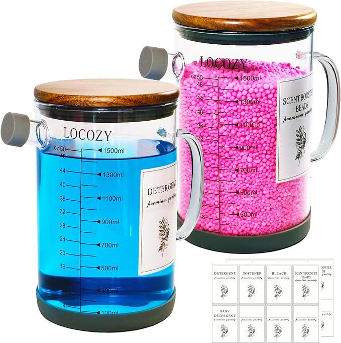 2-Pack 50oz Glass Laundry Detergent Dispenser with Acacia Wood Lid - Airtight Design, Dual oz/ml Scales | Laundry Room Organization & Storage for Fabric Softener, Beads, Powder, Bleach