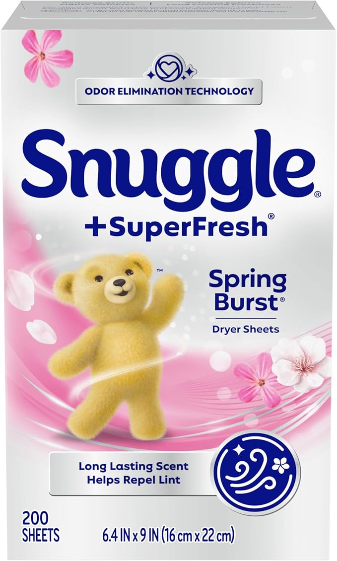 Snuggle SuperFresh Fabric Softener Dryer Sheets, 200 Count, Spring Burst, Long-Lasting Fresh & Clean Scent, Helps Eliminate Odor, Softens Fabric, Reduces Static & Fights Wrinkles, HE Safe