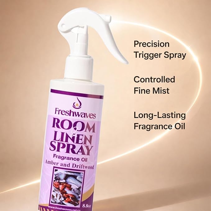 Freshwaves Room & Linen Spray | Amber & Driftwood Fragrance Oil | 8.8oz Air Freshener | Odor Eliminator for Living Room, Bedroom, Bathroom & Office | White Bottle