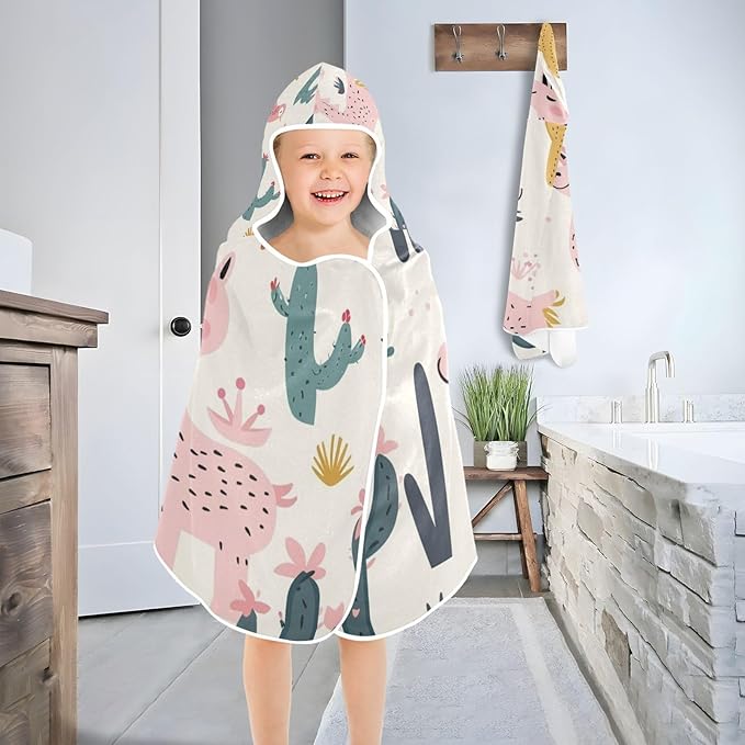 SPRIPORT Cute Alpaca Kids Hooded Beach Bath Towel Wrap for Boys Girls Toddler Surf Poncho Bathrobe with Front Pocket Changing Towel Robe for Shower Pool Swim