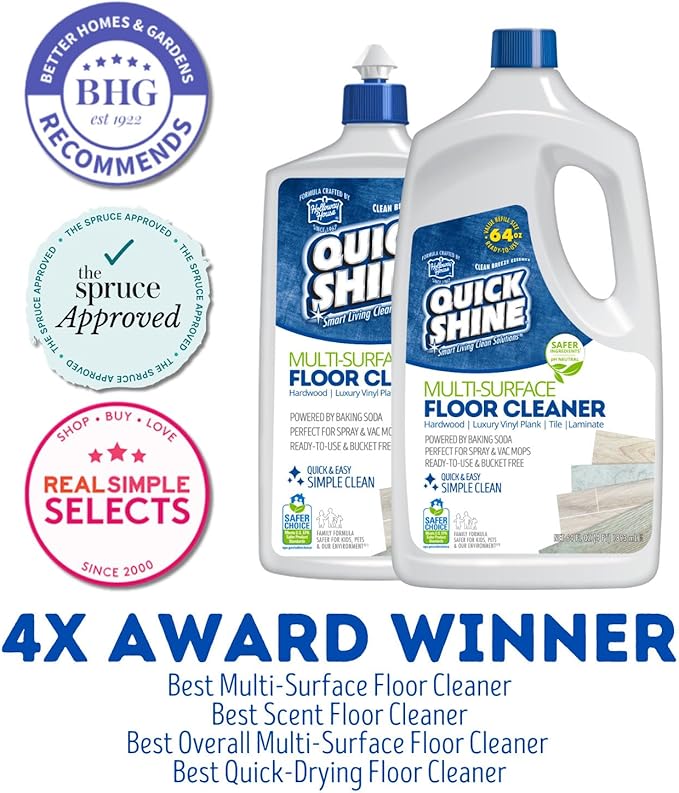 Quick Shine Multi Surface Floor Cleaner 64oz, 4Pk | Ready to Use-Streak Free- No Rinse | Use on Hardwood, Laminate, Luxury Vinyl Plank & Stone | Use in Spray Mops & Vac Mops | Safer Choice Cleaner