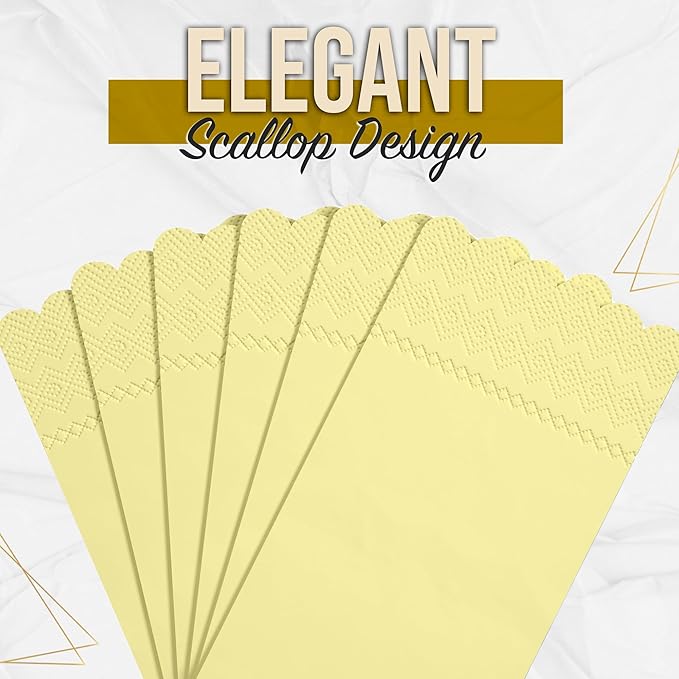 Party Solids Yellow Scalloped Napkins Disposable 100 Pcs 3-Ply Yellow Scalloped Dinner Napkins Disposable Decorative for Dinners & Parties, Paper Guest Towels for Bathroom & Party Supplies