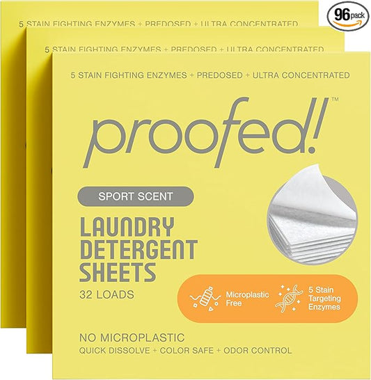 Proofed! Laundry Detergent Sheets, The Only 100% Plastic-Free Sheet, No PVA or PVOH, Hypoallergenic, Bio-Based Ingredients, Made in USA, Sport Scent, 3 Box, 96 Count